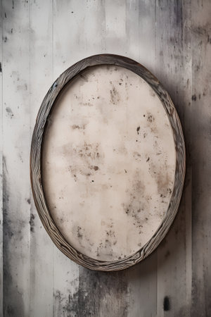 Empty round wooden frame on grunge wooden background. 3d renderingの素材
