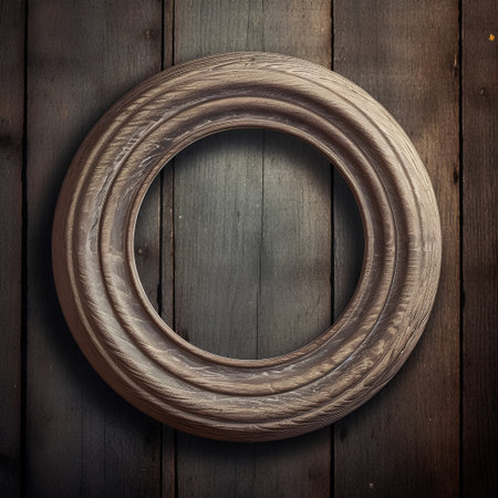 Wooden picture frame on old wooden wall. Vintage design element.の素材
