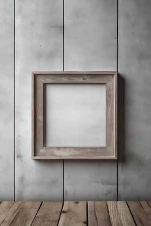 Blank wooden picture frame on concrete wall background, 3d renderの素材