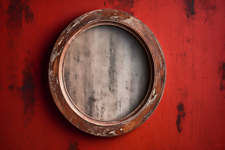 Old wooden frame on a red wall. 3d render image.の素材