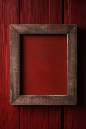 Wooden frame on a red wooden background. 3d illustration.の素材