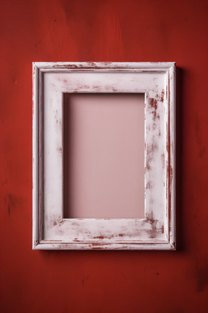 Vintage wooden frame on a grunge red wall. Copy space.の素材
