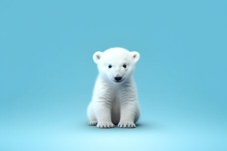 Polar bear cub sitting on blue background. 3D rendering.の素材