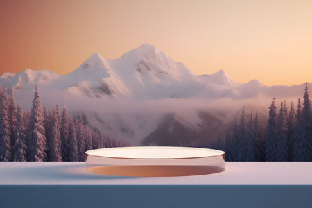 3d render of a podium for product presentation with mountains in the backgroundの素材