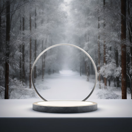 3d render, abstract minimal scene with empty round platform in winter forestの素材