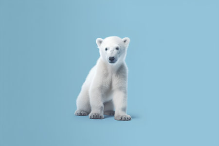 Polar bear cub standing on its hind legs. Isolated on blue backgroundの素材