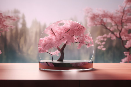 Sakura tree in glass vase on wooden table, 3d renderの素材