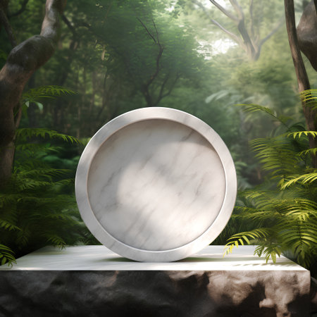 3d render of empty round marble podium in the forest. Mock upの素材