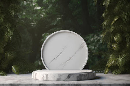 White marble podium in the tropical forest. 3d rendering mock upの素材
