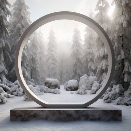 Snowy winter scene with round podium in the forest. 3d renderの素材