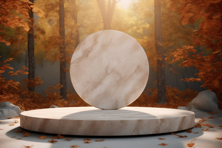 Empty round marble podium in the autumn forest. 3D rendering.の素材