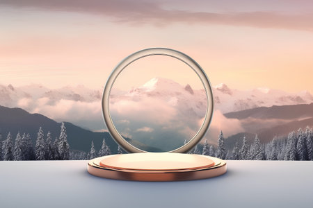 3d render of a golden round podium on a background of snowy mountainsの素材