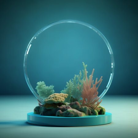 3d render of crystal ball with corals and algae on blue backgroundの素材