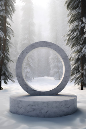 3D rendering of a winter scene with a round podium in the forestの素材