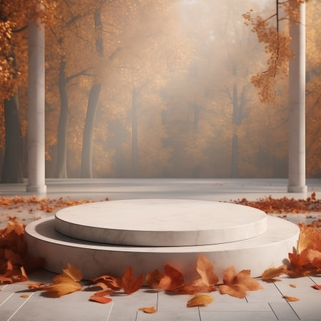 Autumn scene with marble podium and fallen leaves. 3d renderの素材