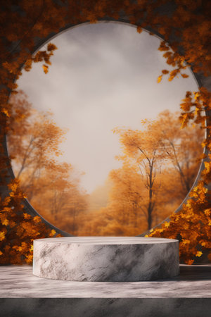 Empty marble podium on the background of autumn forest. 3d renderingの素材
