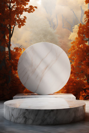 Abstract 3d render of white marble pedestal in autumn park.の素材