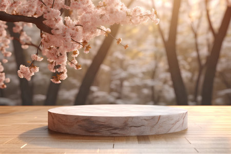 Wooden podium with cherry blossom on nature background. 3d renderの素材