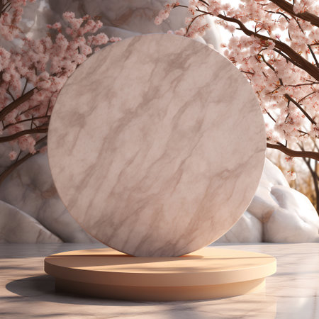 3d rendering of marble podium for product presentation with cherry blossom backgroundの素材