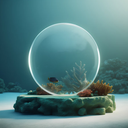 Crystal ball with corals and tropical fish. 3D rendering.の素材
