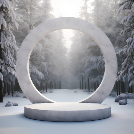 3d render of a winter landscape with a round podium in a snowy forestの素材
