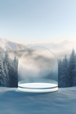 3D render of a round podium in the winter forest with snow and fogの素材