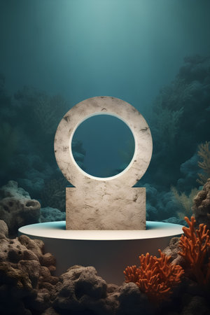 Stone podium on coral reef background. 3d render. Abstract composition.の素材