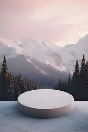 Winter landscape with snow covered mountains and round podium. 3d renderingの素材