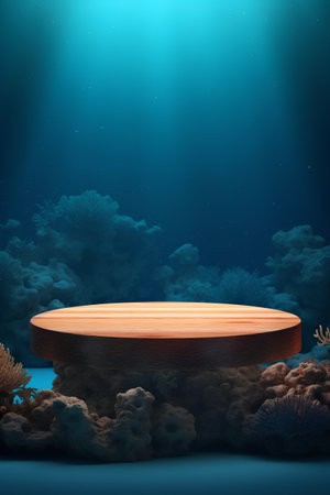 Wooden platform on the background of the underwater world. 3d renderingの素材