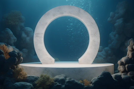 3d rendering of a round stone podium on the bottom of the seaの素材