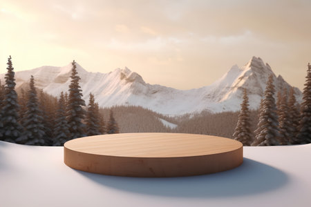 Wooden podium for product presentation against snowy landscape with fir trees 3dの素材