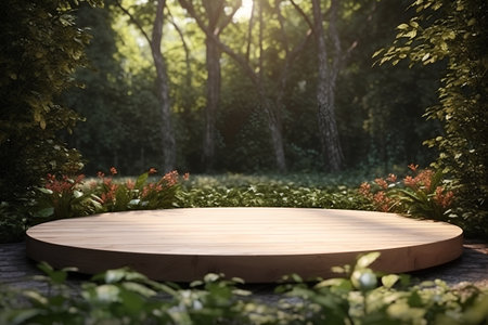 Wooden platform in the garden at sunset. 3d render.の素材