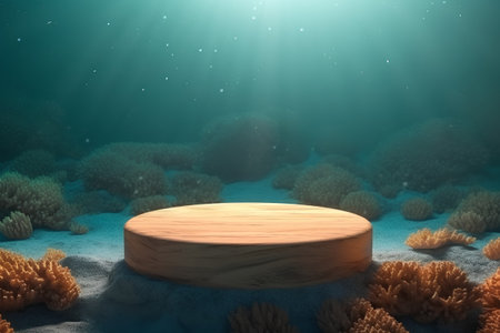 Wooden podium on the sand in the sea. 3d renderの素材