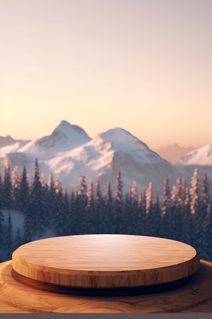 Wooden podium on the background of a snowy mountain landscape. 3d renderingの素材
