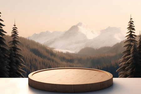 Wooden podium in the mountain landscape. 3D render illustration.の素材