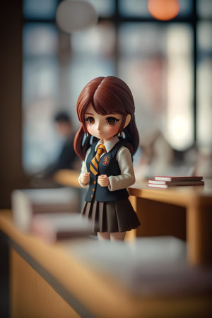 Cute girl in school uniform with books on table in classroom.の素材