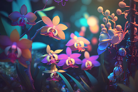 3D render of a beautiful orchid flower in the garden.の素材