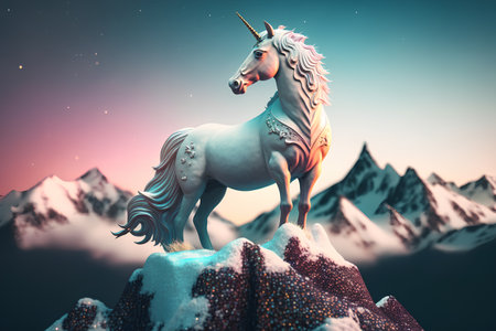 Unicorn on the mountain. 3D illustration. Fantasy.の素材