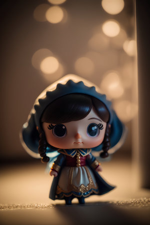 Ceramic doll in a blue dress on a background of lightsの素材