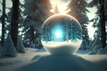 Glowing glass sphere in winter forest. 3d render illustration.の素材