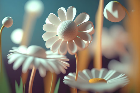 3d illustration of daisies in the field. 3d renderingの素材
