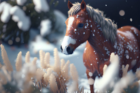 Horse in the winter meadow. 3d render illustration.の素材