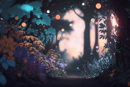 Mysterious forest at night. 3D illustration. Fairytale landscape.の素材