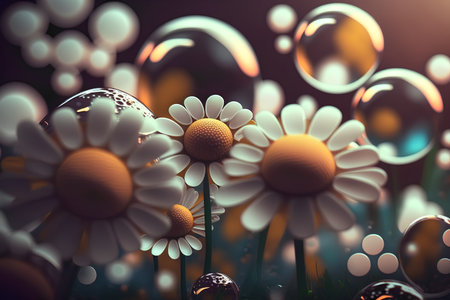 Easter background with daisies and eggs. 3d illustrationの素材