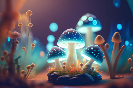 Mushrooms in the grass. 3d illustration. Magic forest.の素材