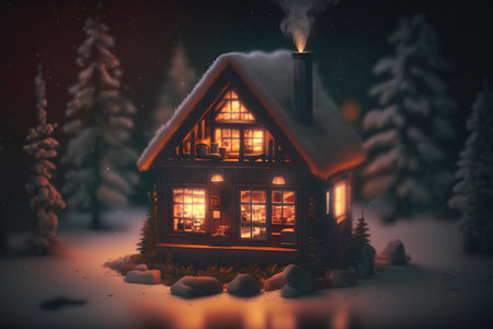 Cottage in the forest. Christmas background. 3D illustration.の素材