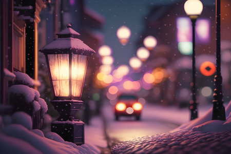 Vintage street lamp on snowy street at night, retro tonedの素材