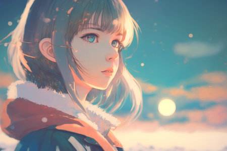 Portrait of a beautiful young woman in the winter forest at sunsetの素材