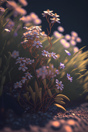 3d rendering of a grass field with flowers in the evening lightの素材