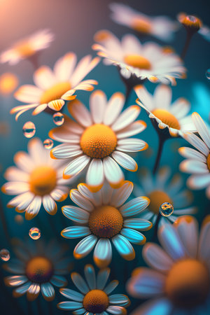 Chamomile flowers with dew drops on petals.の素材